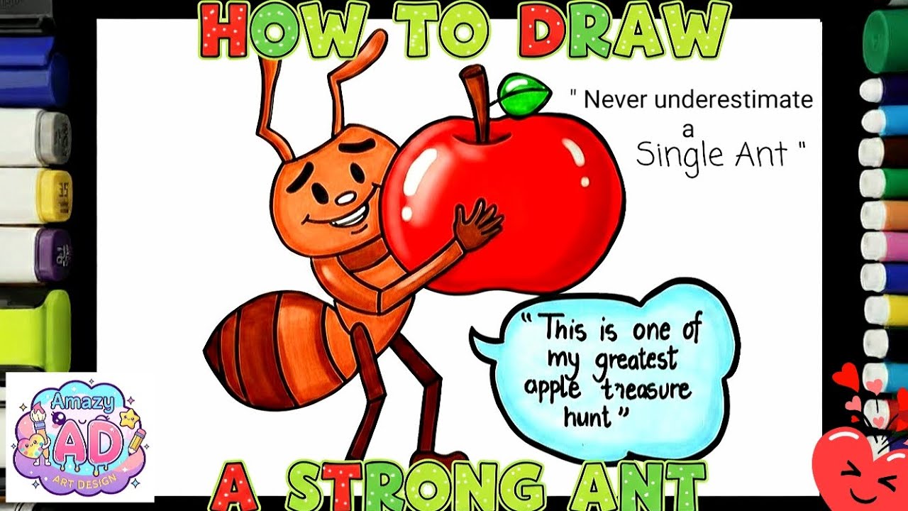 How to draw A Cute Ant | Easy Drawing For Kids | Strong Ant Carrying An Apple | Apple Drawing ♥️