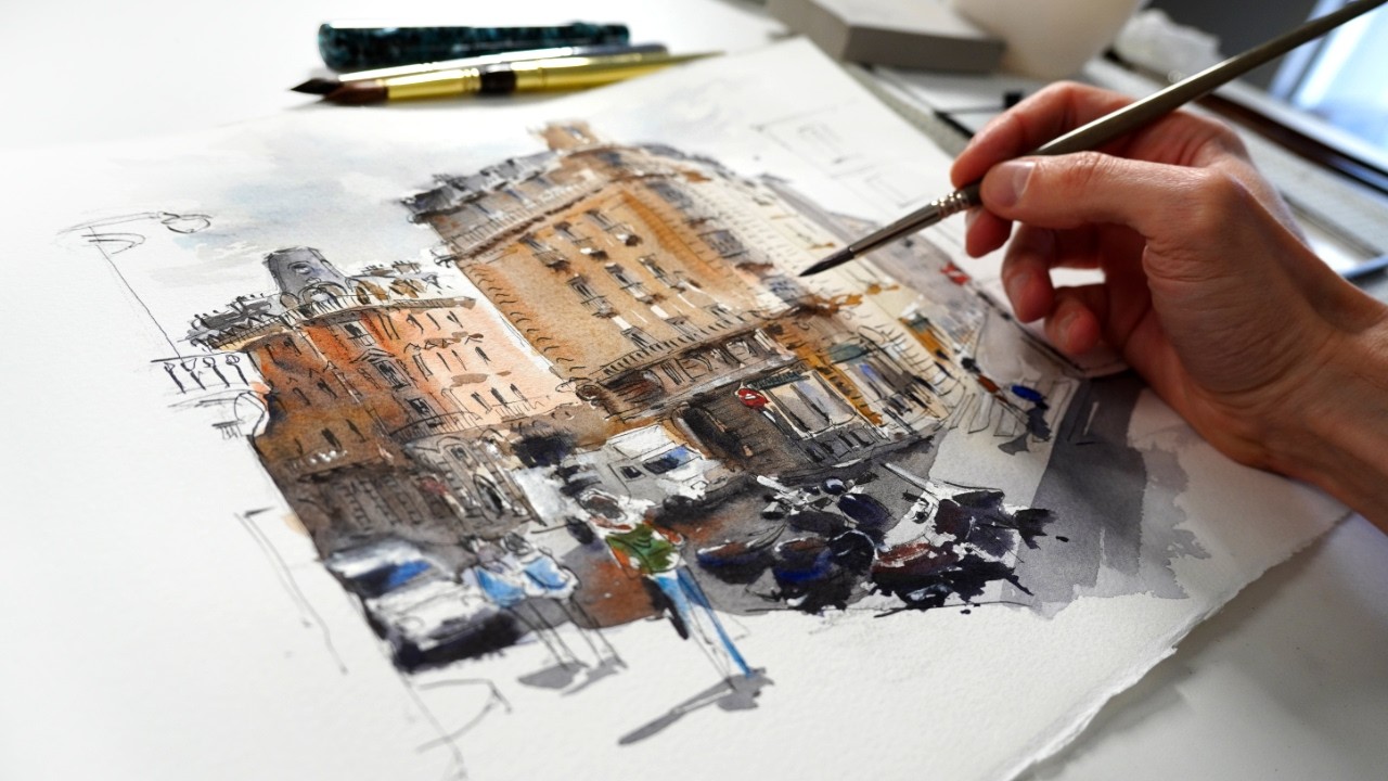 Loose Urban Sketching in Ink & Watercolor - art process - YouTube