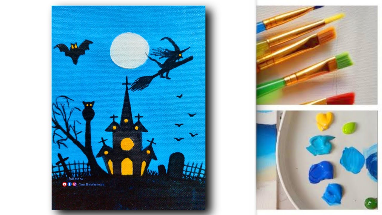 Halloween Painting tutorial / acrylic painting on canvas / Easy step by ...