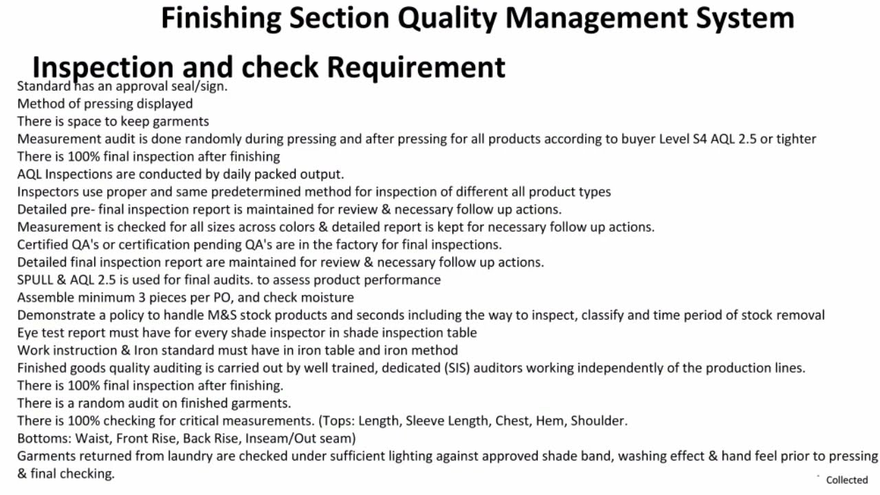 Finishing Section Inspection & Quality Check Process QMS Audit