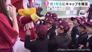 新1年生に楽天野球団がイーグルスキャップを贈呈 宮城・大崎市の