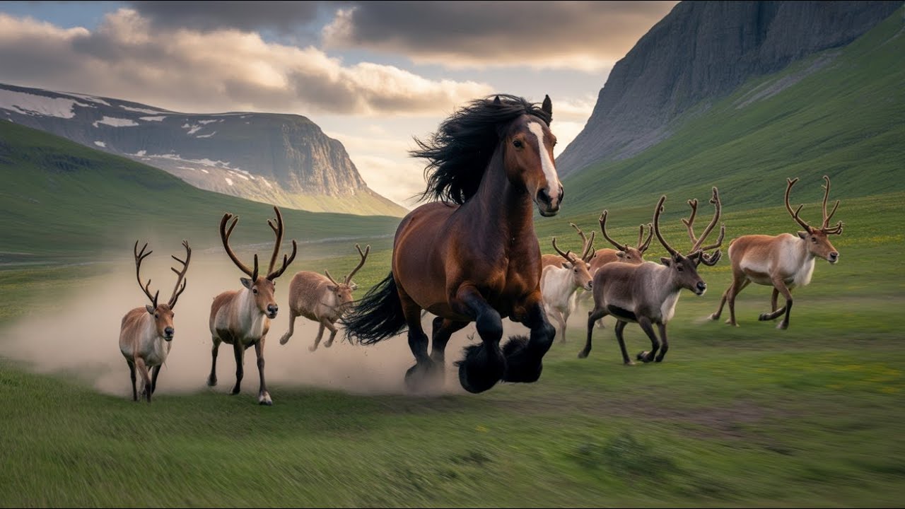 Shire Horse Chased by Wild Reindeer in the Green Mountains – Intense Wild Chase (4K)
