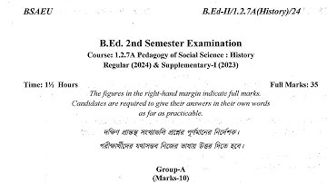 BSAEU  B.Ed. 2nd sem question|course 1.2.7A 2024 | pedagogy of social science teaching History