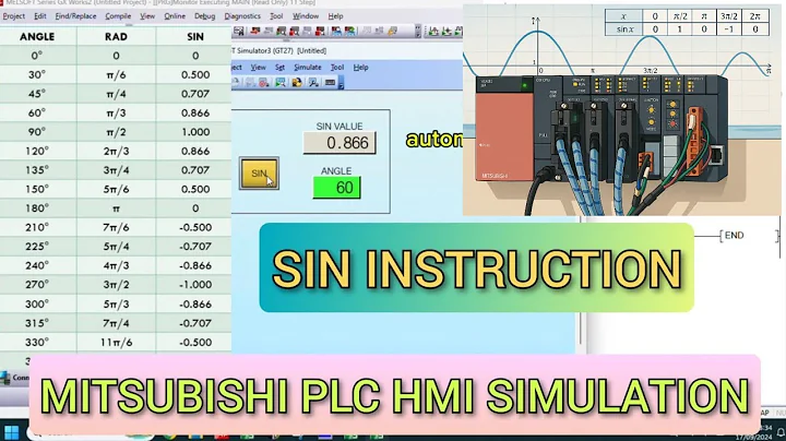 GX Works2 : SIN Instruction Mitsubishi PLC Connected With HMI GT Designer3 GOT2000 Simulation