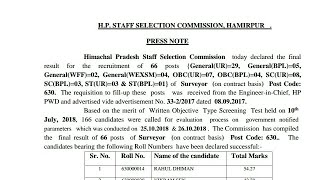 HPSSC Surveyor Final Result Declared | Post Code - 630 | Held on - 10 July 2018 |