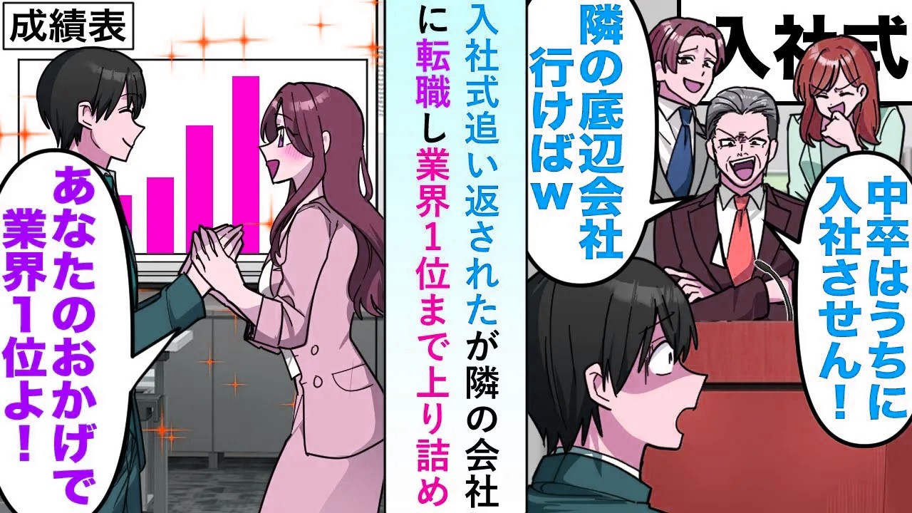 【漫画】社長に入社式当日「中卒は入社させん！」と追い返されたが隣の会社に転職し業界1位まで上り詰めると…【恋愛マンガ動画】