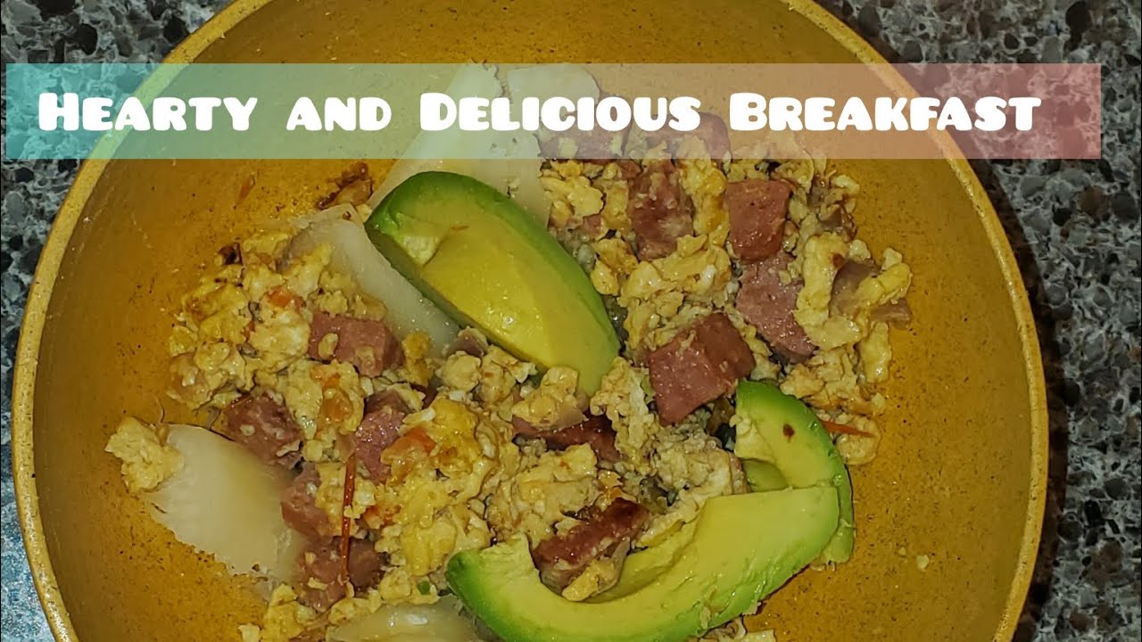 Pico de Gallo Scrambled Eggs with diced Salami and Cassava Breakfast