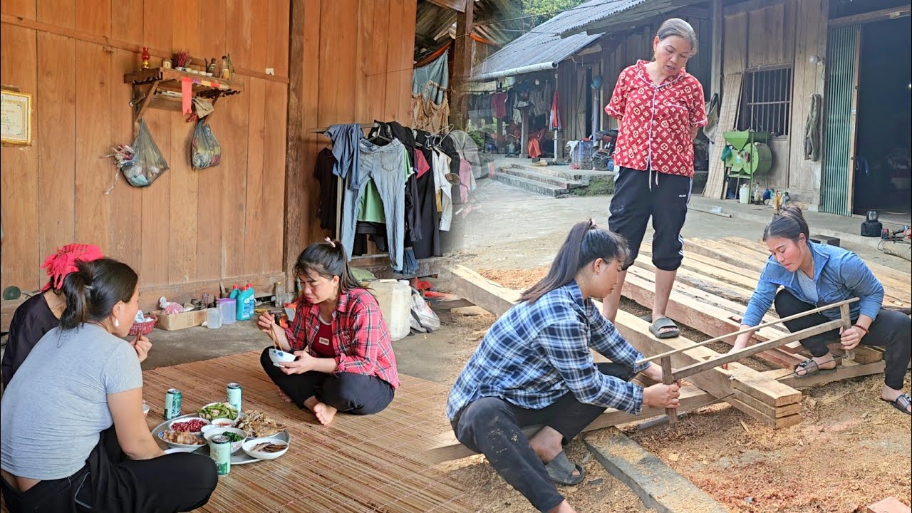 How to build a wooden house, drill holes, have a family meal together, and finish the house pillars