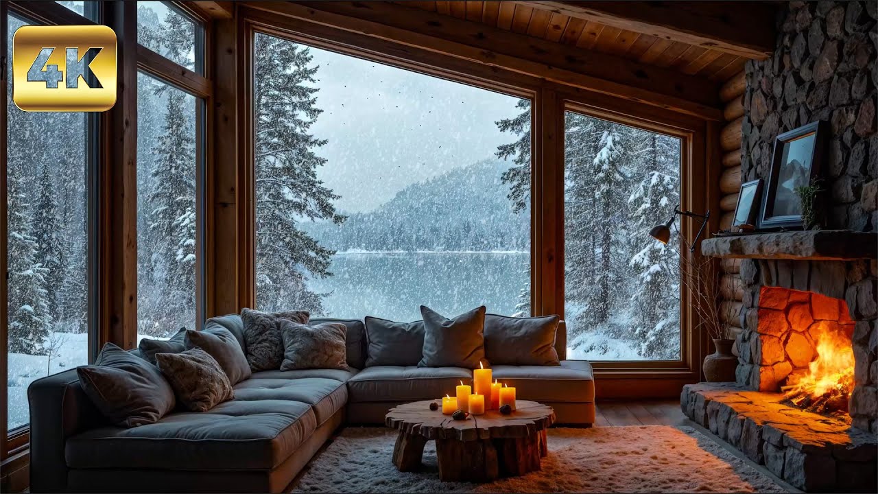 Cozy Winter Cabin Ambience | Crackling Fireplace & Snowfall ASMR | Ultimate Relaxation & Sleep 4K