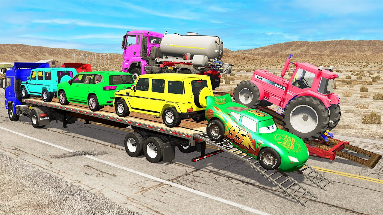 Flatbed Truck McQueen | Transportation with Truck - Pothole vs Car #3 | BeamNG.Drive Gameplay