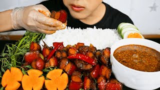 ASMR Eating | Braised Pork Belly Curry, Spicy Fish Paste & Fresh Veggies