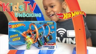 Hot Wheels Corkscrew Crash Racecar Track Set Unboxing With Gideon And Logan