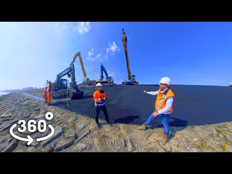 In 360 graden langs het asfalteren op de dijk bij Delfzijl