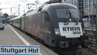 Germany: FLIXTRAIN Class 182 Taurus electric loco leaves Stuttgart Hbf on a train to Berlin