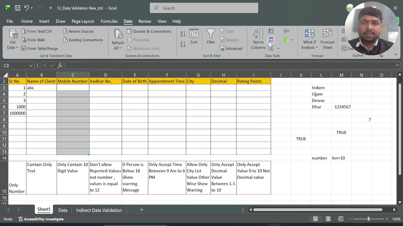 Excel Tutorial Data Validation  Direct & Indirect  Problem & Solution Part  2