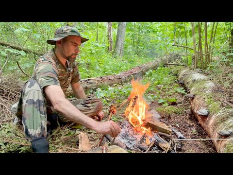 Ich grille Fleisch über dem Feuer im Wald