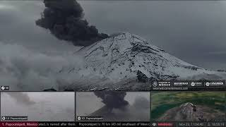 Nov 23 2023: Black ash plume eruption against snow covered slopes of Popocatepetl volcano