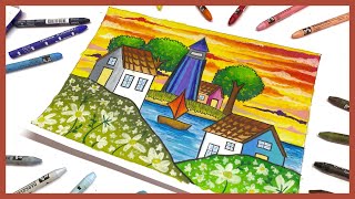 Menggambar dan Mewarnai Tema Pemandangan bukit bunga dengan crayon screenshot 4