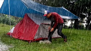 solo camping in the rain .non stop rain.the struggle in set up the tent .relaxing rain sound