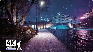 Snowfall Night Walk in Central Tampere, Finland  Slow TV 4K