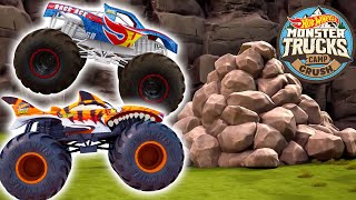 Hot Wheels Monster Trucks Take on the Boulder Challenge!   Cartoons for Kids | Hot Wheels