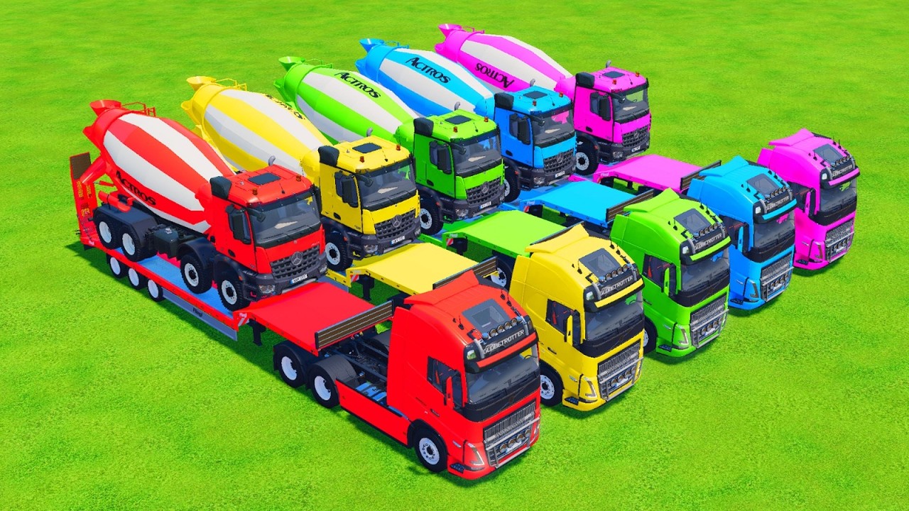 Garage with Colors - ALL MIXER TRUCK WITH DOUBLE FLATBED TRAILER TRUCK, SCANIA, KAMAZ