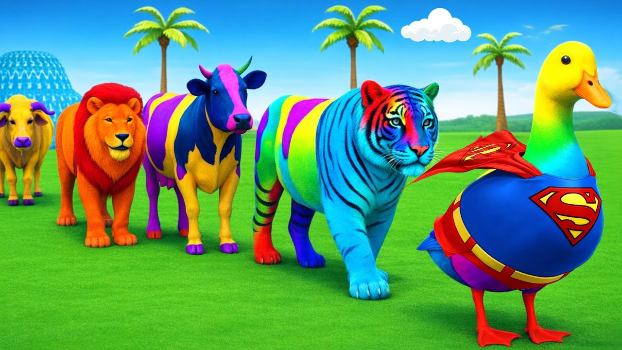 Long Slide Game With Elephant Gorilla Buffalo Hippopotamus Tiger - 3d Animal Game - Funny 3d Animals