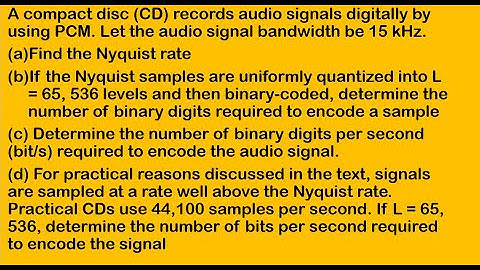 A compact disc (CD) records audio signals digitally by using PCM.  Comm system Numerical problem