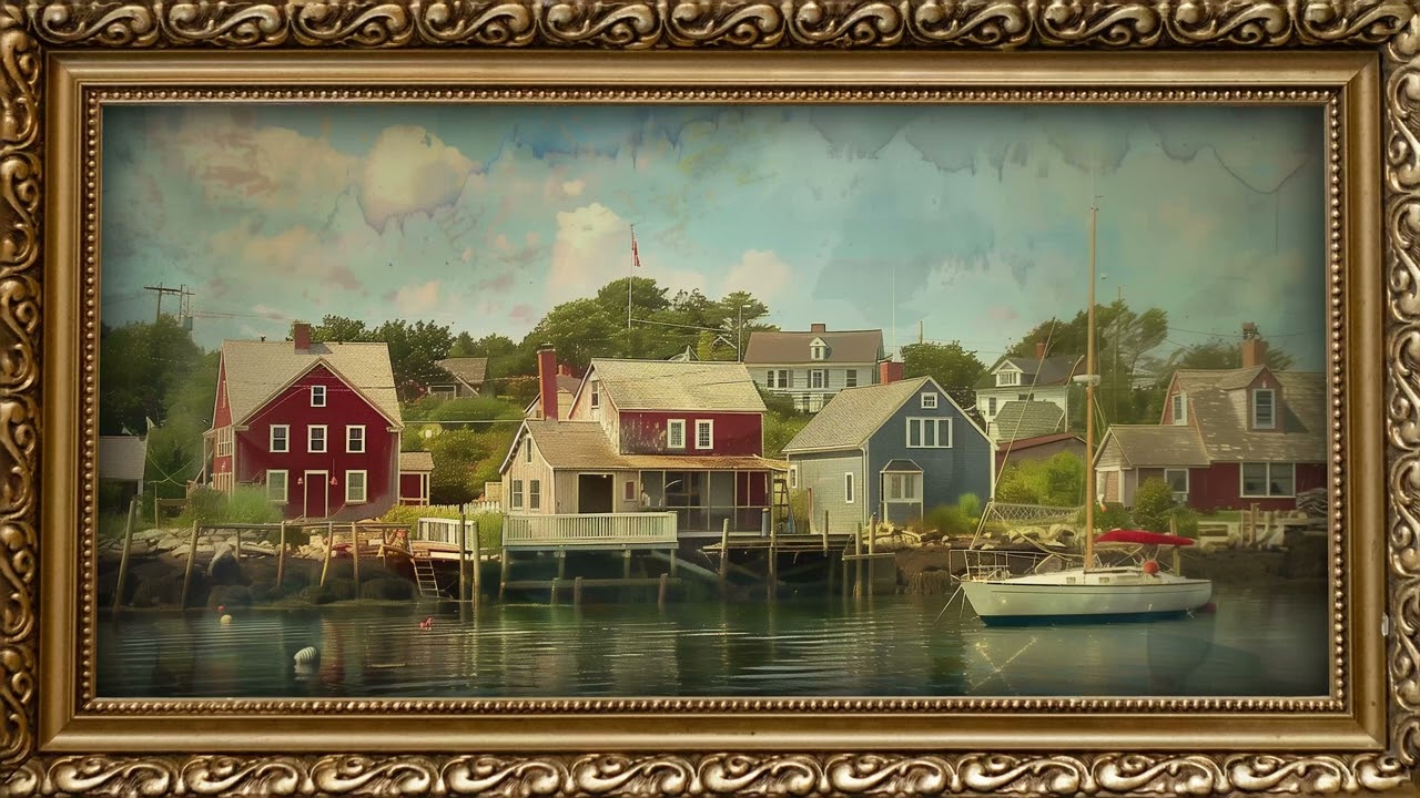 Coastal Harbor Village with Gold Frame | 2 Hour 4K Vintage Art Display