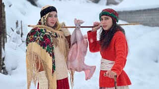 Cooking turkey with vegetables in the mountainous and snowy village!