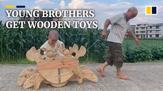 Young brothers in China get extraordinary wooden toys from grandfather, father