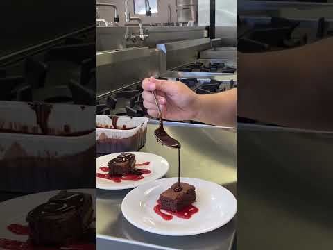 Fudgy Brownie W/ Chocolate Ganache And Strawberry Coulis 🍓 #Cookeryschool #Hospitalitymanagement #St