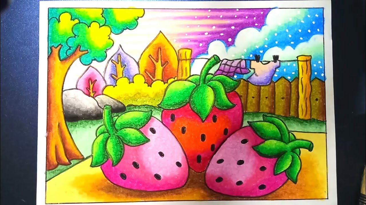 menggambar dan mewarnai strawberry dengan gradasi Crayon 