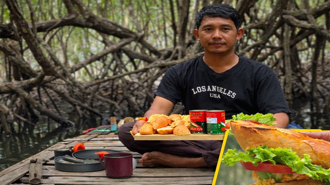 Solo Survival Cooking in the lake shoreline – Epic Jungle Sandwich! 🥪🌿🌴#camping #survival #cooking