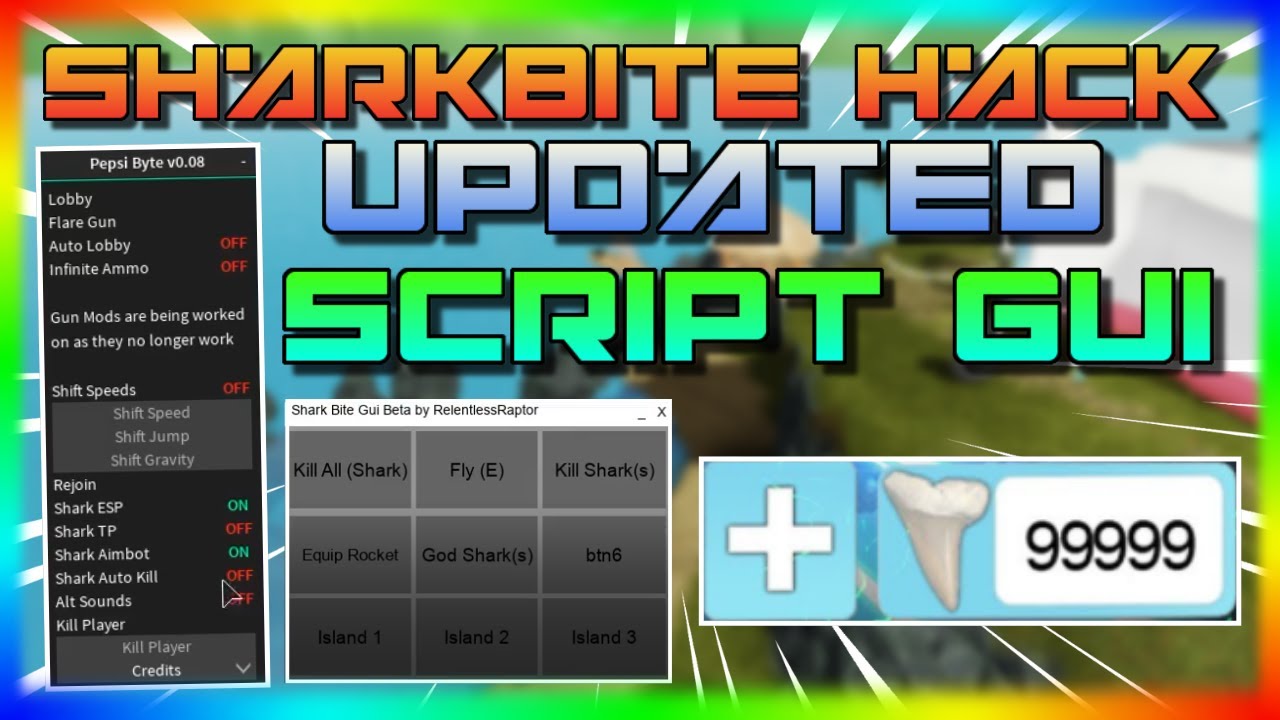 Updated Op Sharkbite Gui Hack Script Infinite Teeth Farm Kill All Shark Aimbot Youtube - shark bite roblox script
