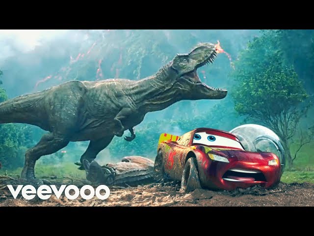 Pixar Cars - Jurassic World -T-Rex Vs Lightning McQueen - Pixarized Cars Jeep class=