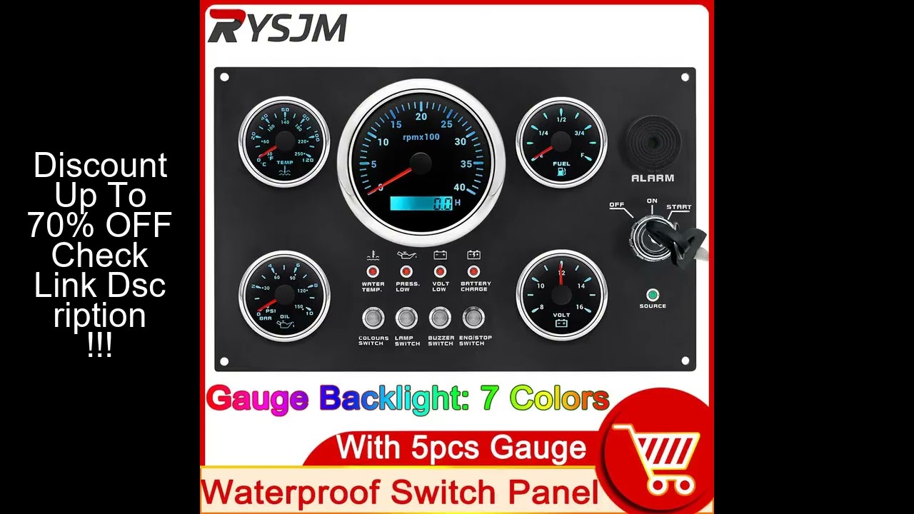AD 5 Gauge Set Switch Panel 12V 24V 4 Button Panel Light Toggle Gauge For Car Marine Boat 4K-8K Tach