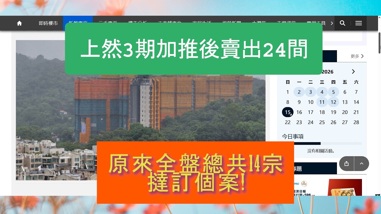 [AI字幕]新盤速遞, 萬科大埔 上然3期加推後賣出24間,  原來全盤一二三期總共14宗撻訂個案!  力哥每日分享 2026/2/15