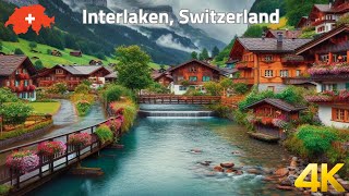 Rainy walk in Interlaken, Switzerland 4k  The most beautiful Swiss town  Rain ambience