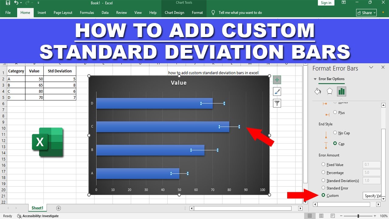 How to add custom standard deviation bars in excel - YouTube