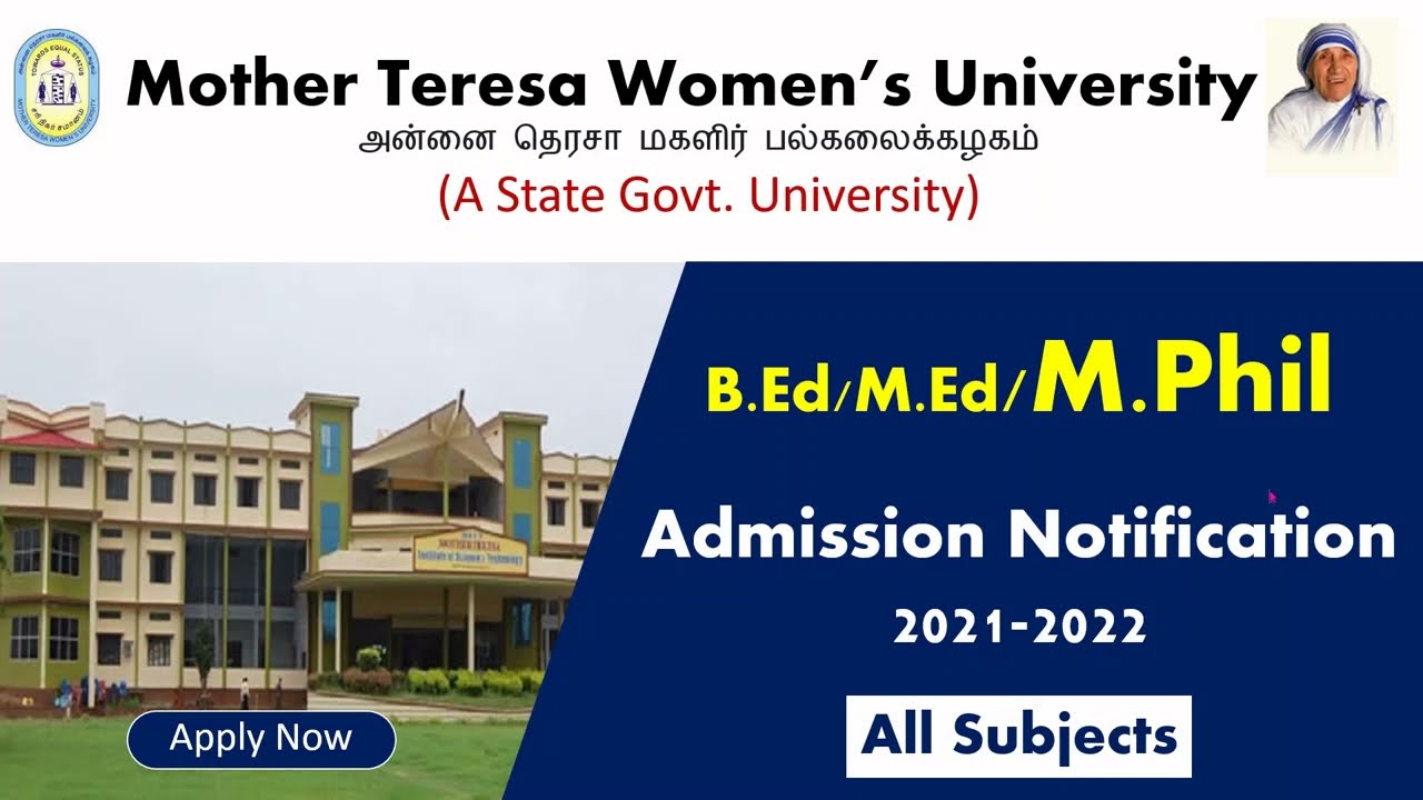 Bed. Med & Mphil Admission 2021 in Mother Teresa Women’s University | Bed Admission, Mphil Admission