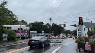 South station bound (Kingston) commuter rail train crossing at town st. rail crossing. Weymouth, MA