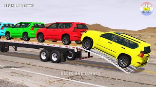 Flatbed Trailer Lexus Cars Transportation with Truck - Pothole vs Car #050 - BeamNG.Drive
