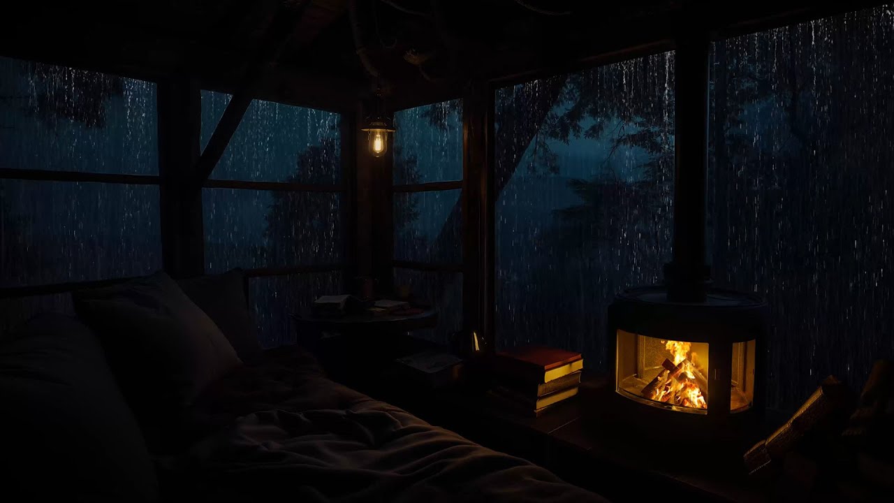 Rainy Forest Night from a Cozy Cabin with Fireplace | Calm Sounds for ...