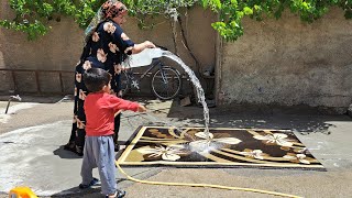 Daily life of rural women in Iran/Rural lifestyle in Iran/Washing carpet by hand