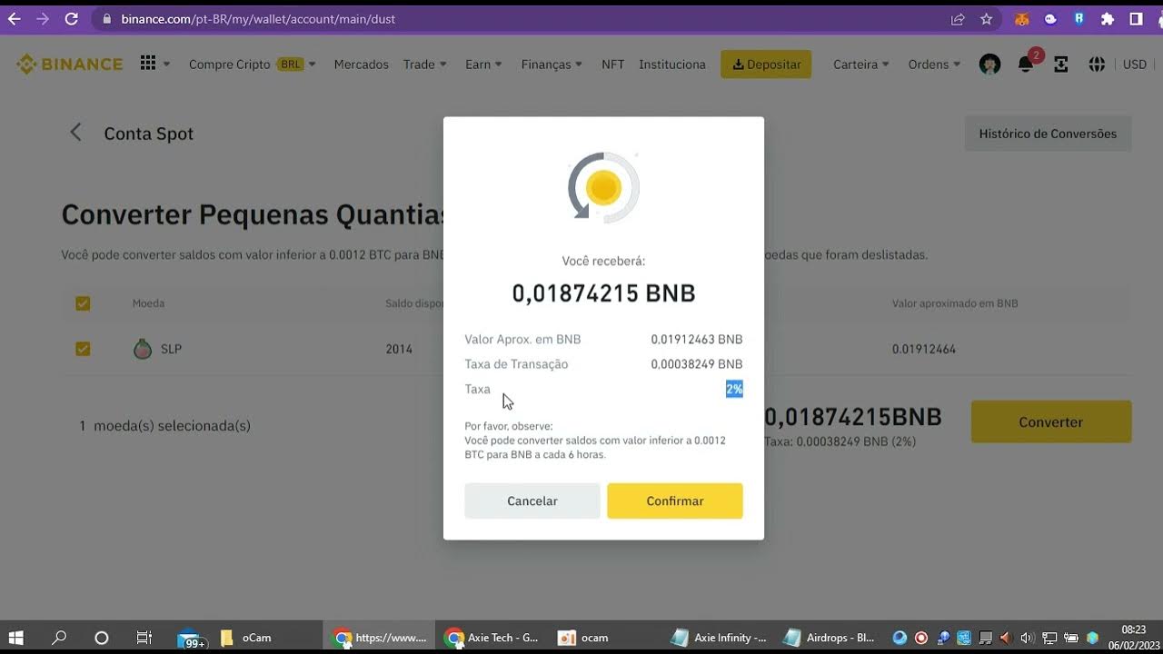 Como Converter Pequenas Quantias para BNB na BINANCE 2023/02/06 0821