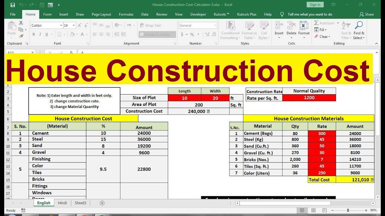 house construction cost calculator excel free download 