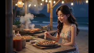 A Peaceful evening summer beach sunset beach side street food stall waves of life7