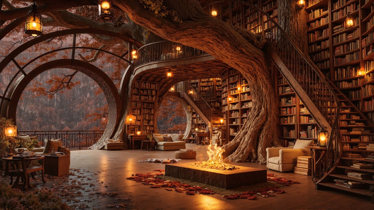 Enchanted Fall Library Jazz Ambience 🌙 Fireplace Crackle, Cozy Sofas & Treehouse Charm