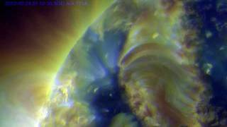 SDO - Filament Eruption - 2012-02-24 00:00 to 12:00 - AIA 211Å, 193Å, and 171Å Composite - HD